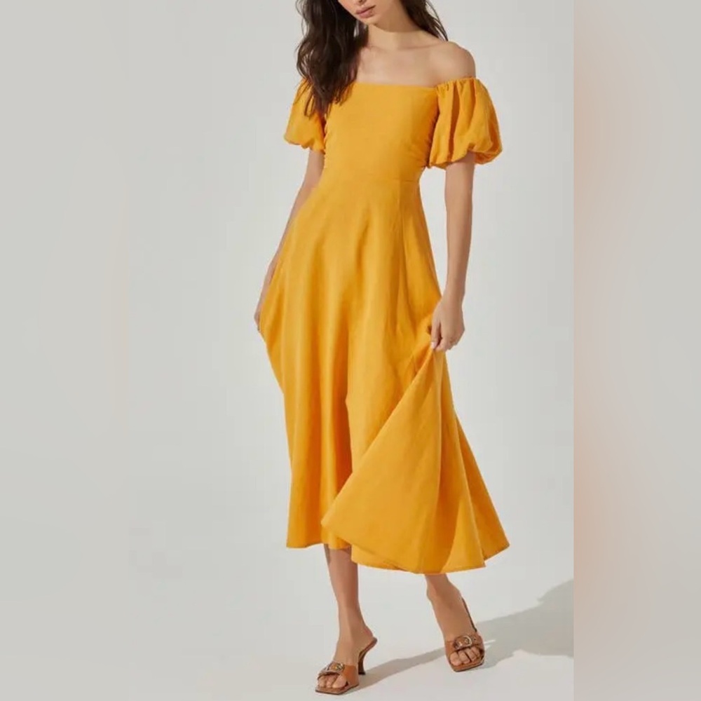 Astr Off-Shoulder Puff Sleeve Midi Dress in Mustard Yellow
